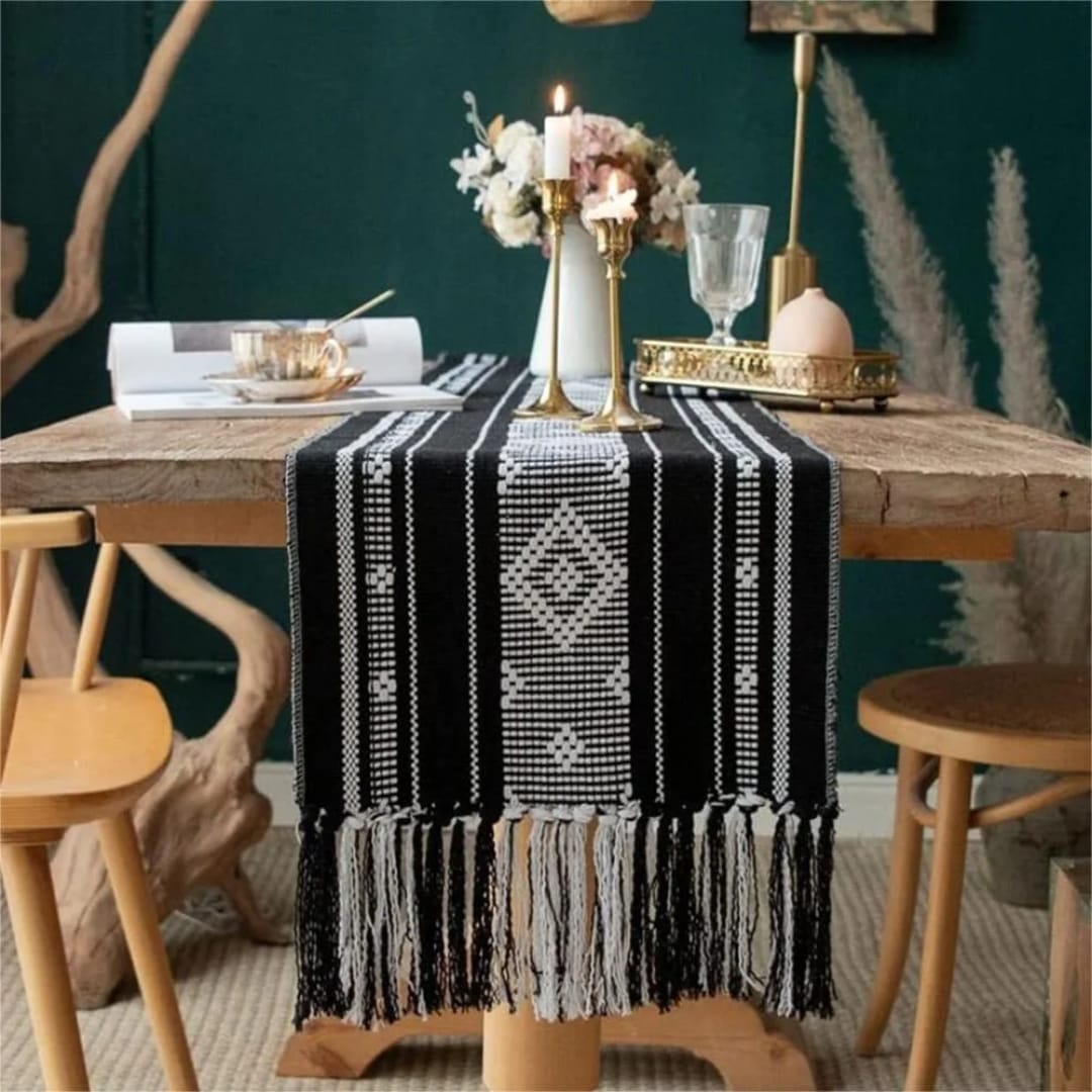 Vintage rustic table runners in brown 220cm and black & white 180cm for dining or decorative tables