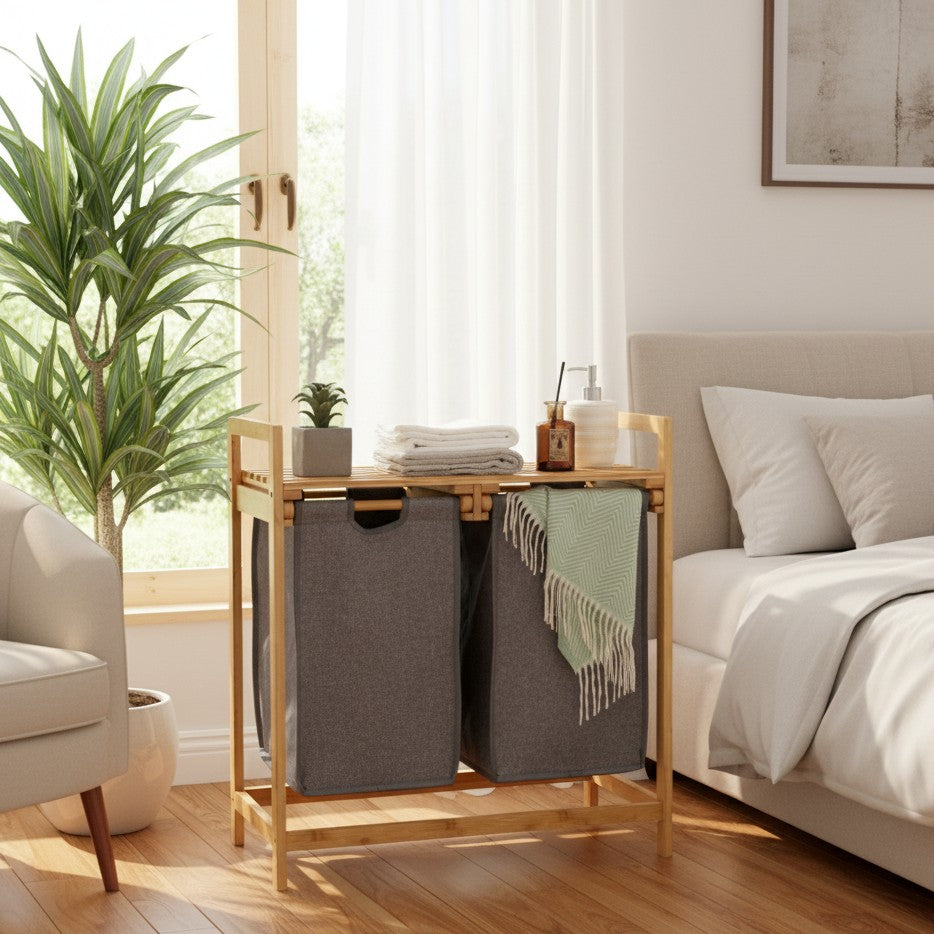 2-In-1 Laundry Sorter With Bamboo Stand