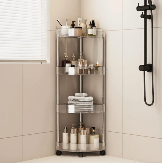 Stainless steel wheeled transparent corner bathroom storage rack