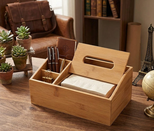 Multifunctional bamboo desktop organizer and tissue box, eco-friendly and stylish for desk or office use. 🌿📦