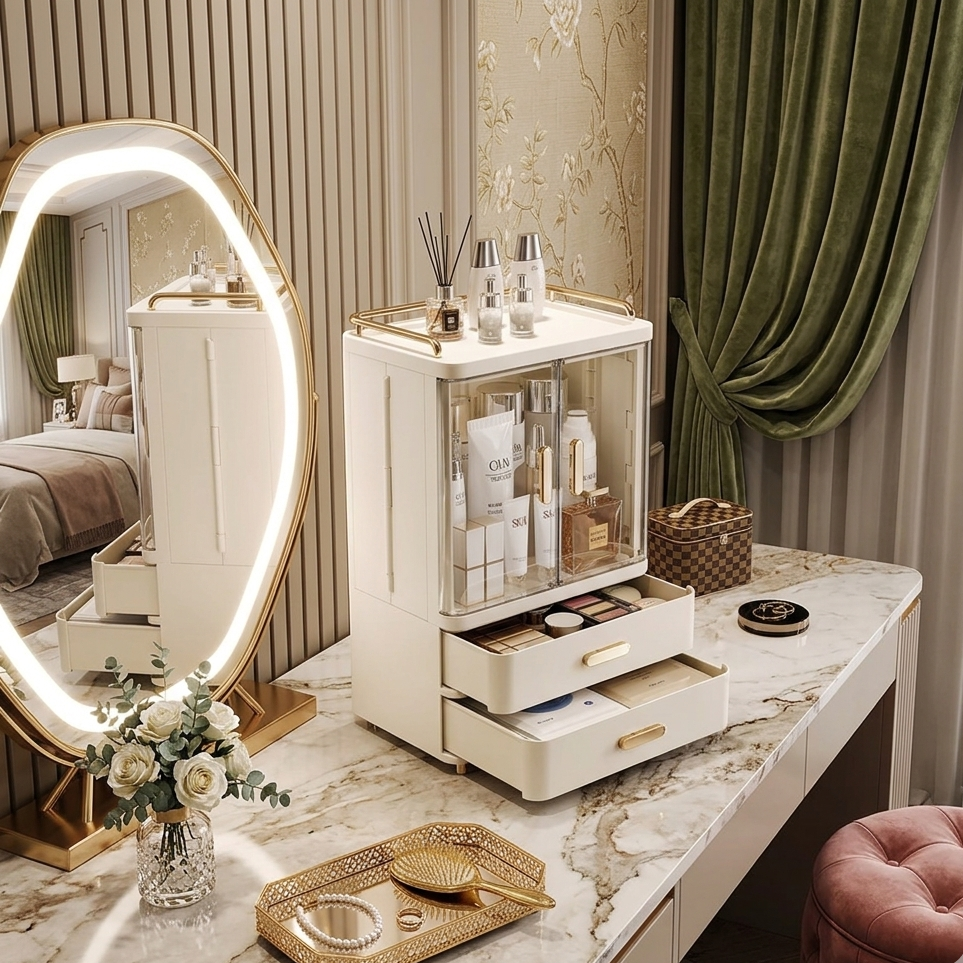 Acrylic Double Door Cosmetic Storage Cabinet with Drawers