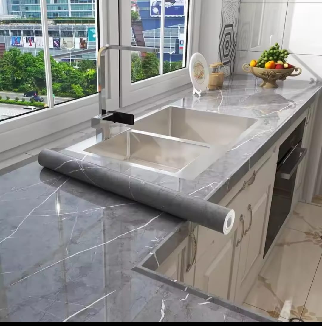 Self adhesive marble contact paper 60 by 500 cm, PVC washable removable wallpaper for countertops and furniture. 