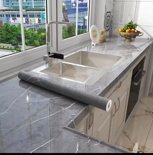 Self adhesive marble contact paper 60 by 500 cm, PVC washable removable wallpaper for countertops and furniture. 