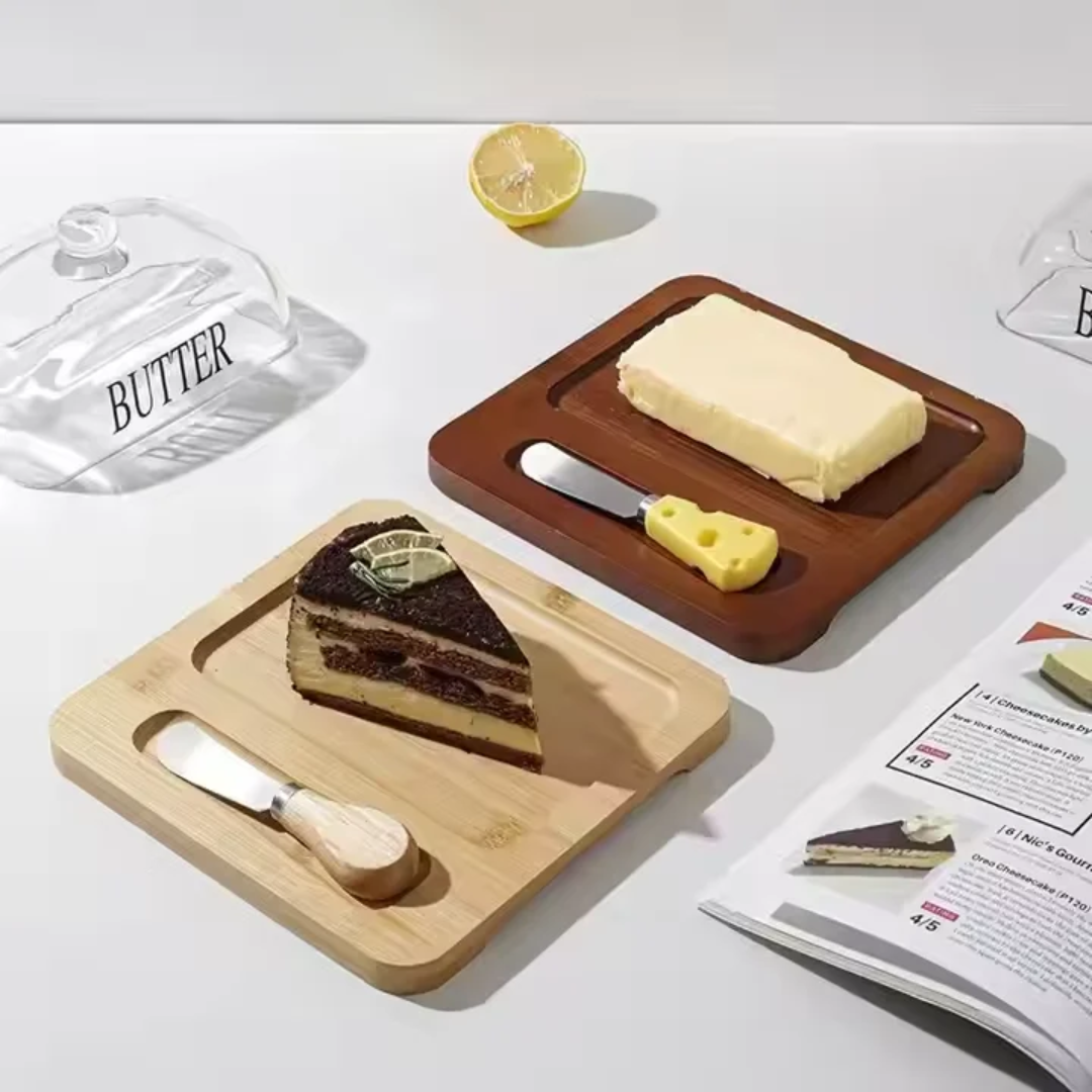 Glass Butter Dish And Bamboo Tray