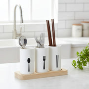 Three-piece cutlery organizer set with oak base and water drainage holes