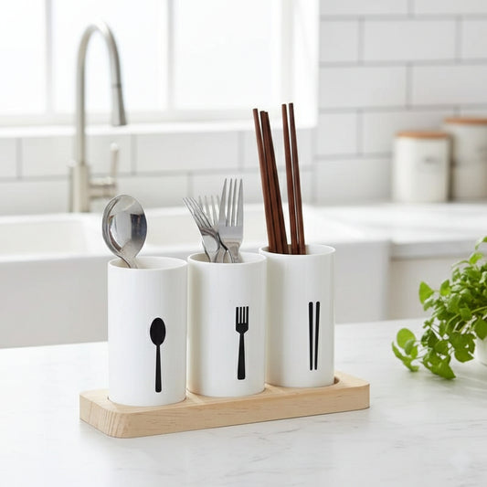 Three-piece cutlery organizer set with oak base and water drainage holes