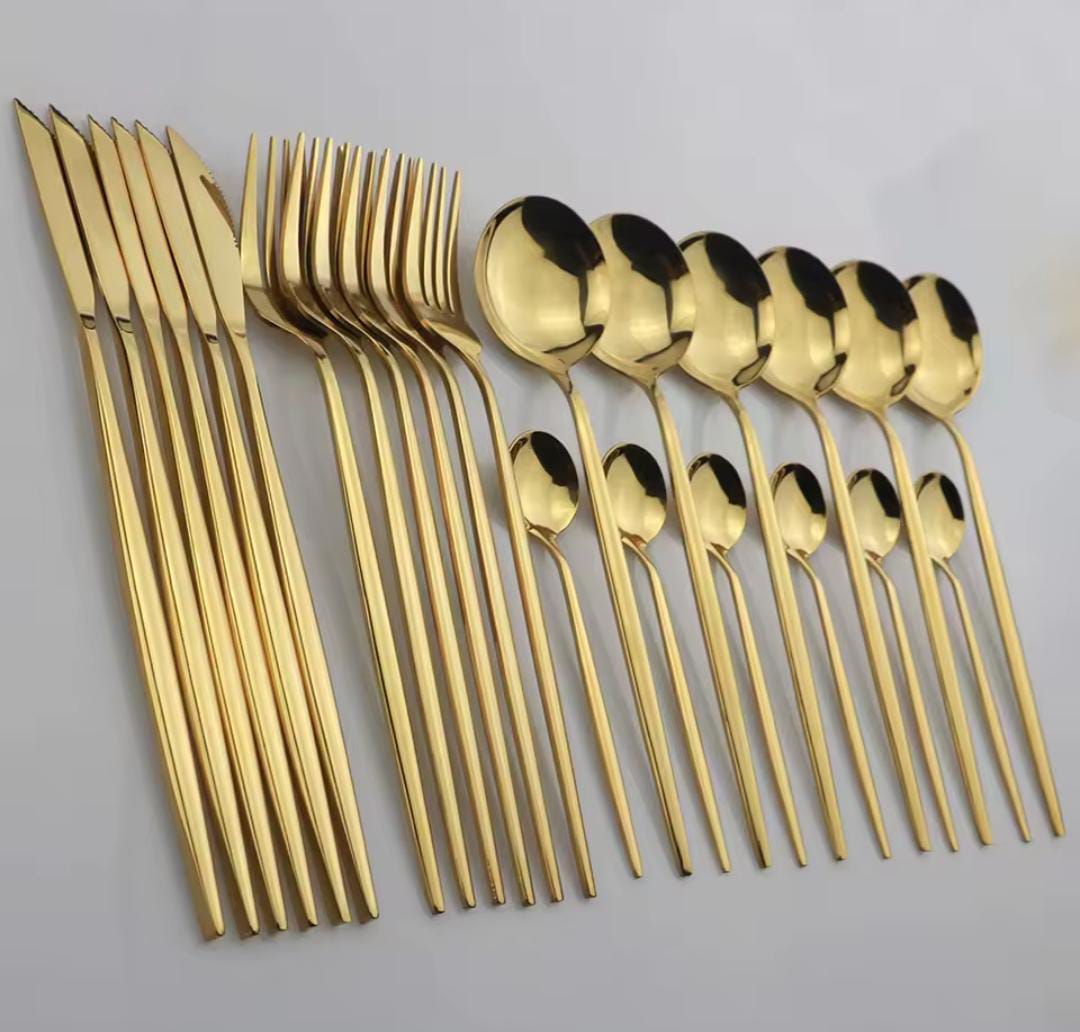 24-piece luxury stainless steel cutlery set with spoons, forks, and butter knives