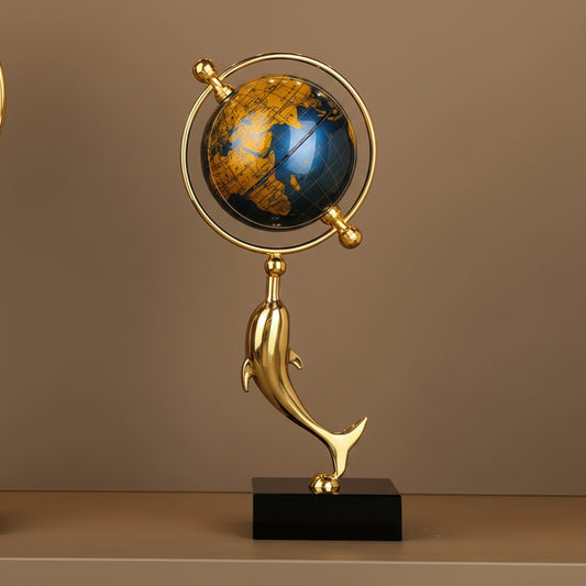 Golden dolphin globe decor ornament, luxury ocean themed table decoration for home and office.