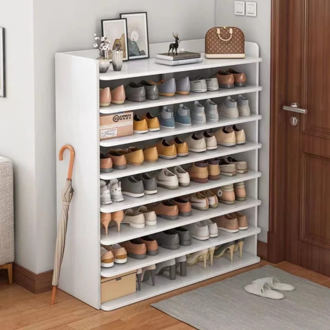Modern multi-layer wooden shoe rack in brown or white, 102×26×120 cm