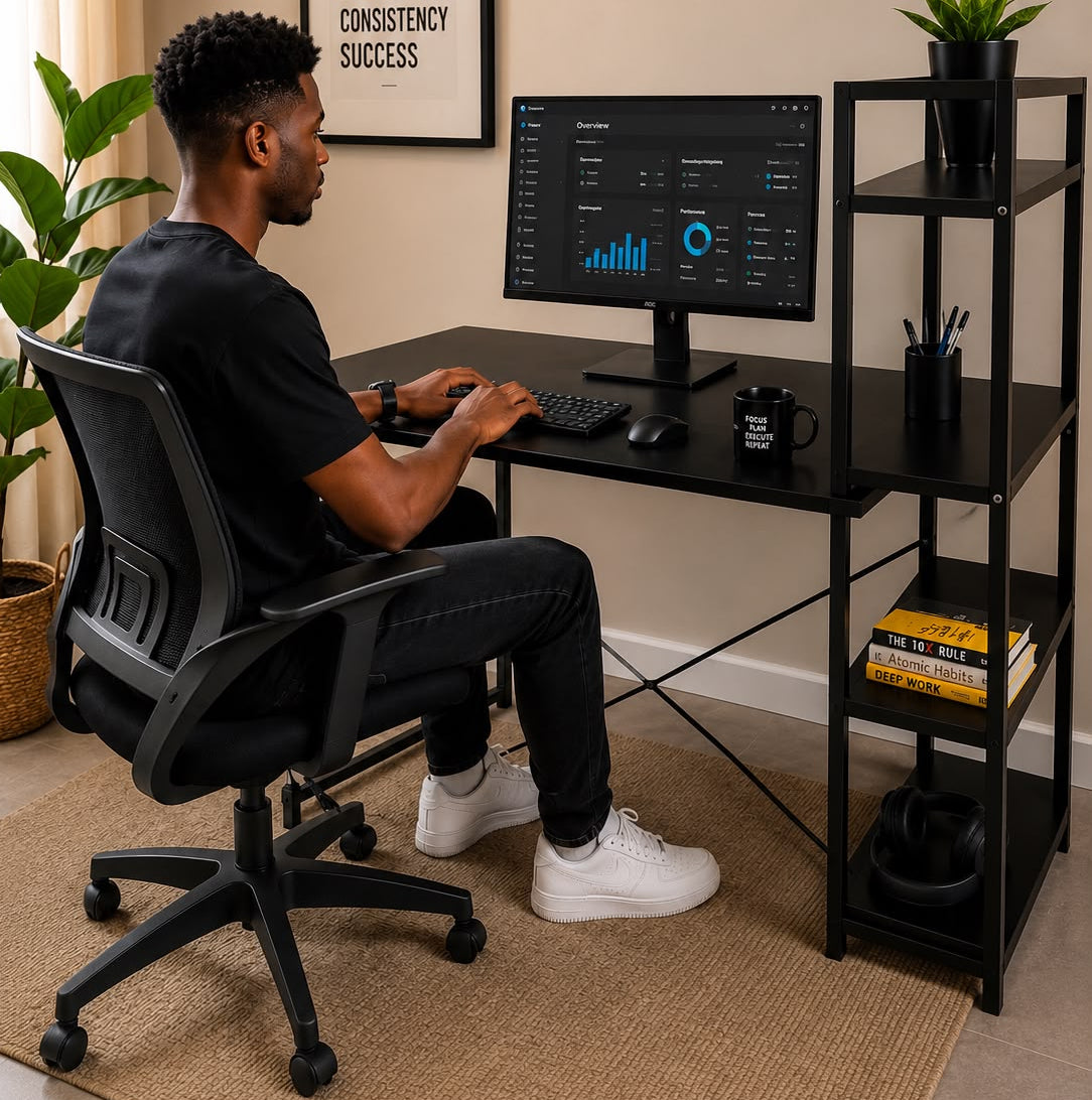 Large ergonomic workstation measuring 60 × 120 × 70 cm with built in shelves and black metal frame, available in black and brown.