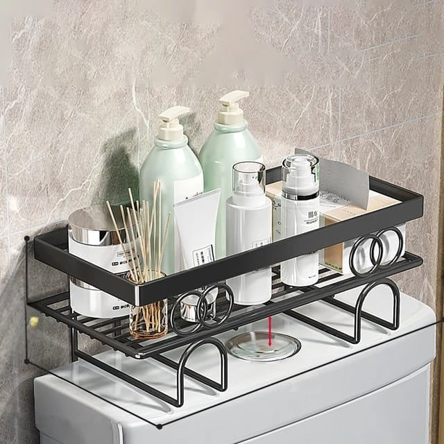 Black toilet storage rack for organizing bathroom accessories and saving space