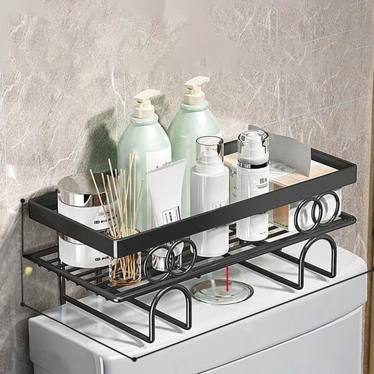 Black toilet storage rack for organizing bathroom accessories and saving space