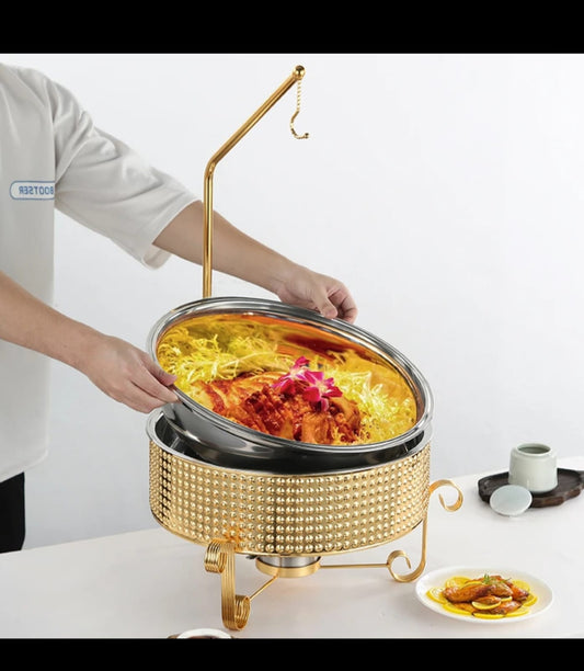 10 litre round hanging chaffing dish with transparent lid and bottom heating stove