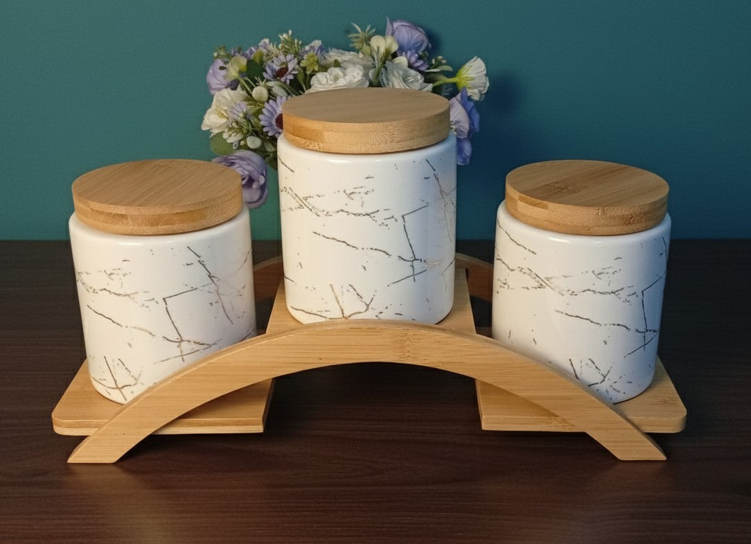 3Pcs Ceramic Canisters Set With Bamboo Stand