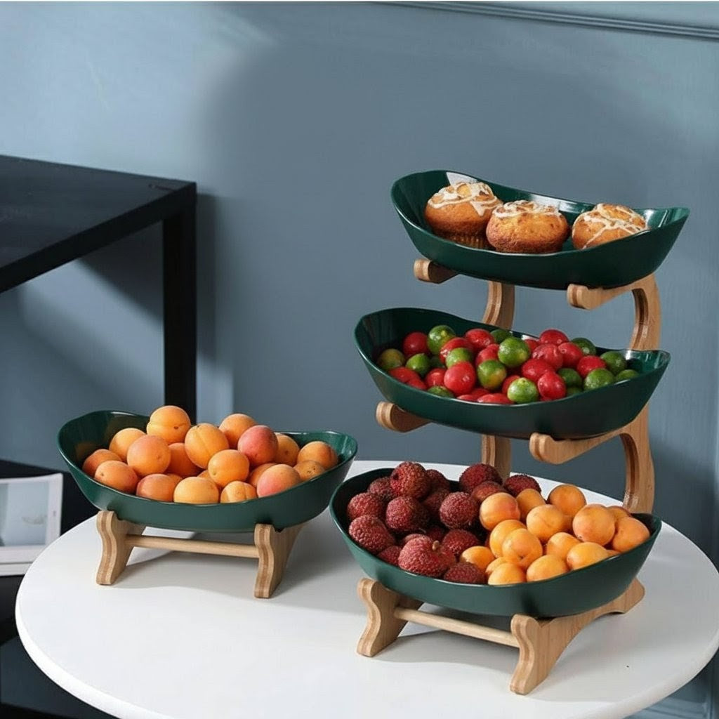 Three-tier fruit stand for displaying fruits, snacks, cakes, and appetizers
