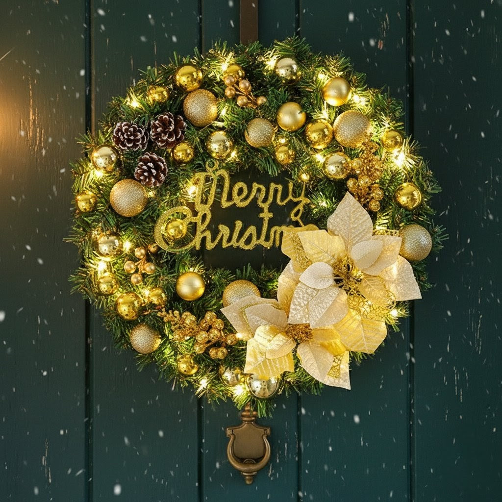 Christmas Door Wreath Decor With Lights And Ornaments