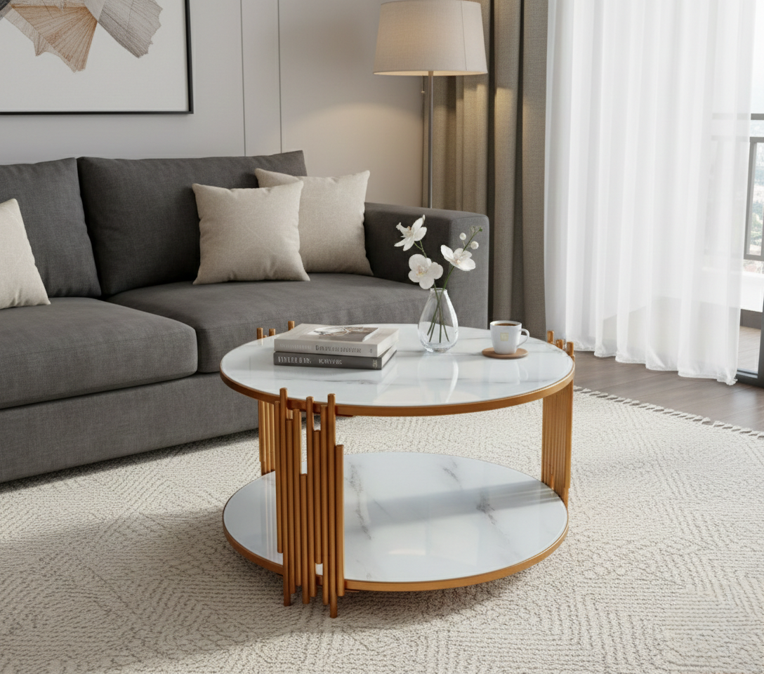 White and gold modern side table for living room or bedroom use.