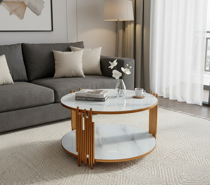 White and gold modern side table for living room or bedroom use.