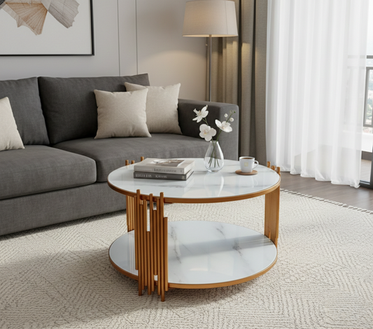 White and gold modern side table for living room or bedroom use.