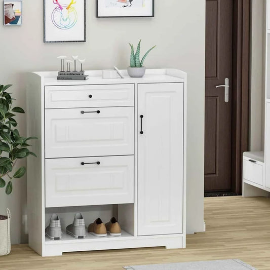 Slim modern white shoe cabinet holding up to 30 pairs of shoes, 80cm high and 23cm long
