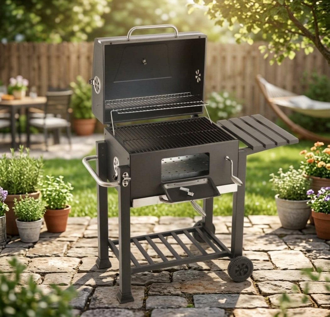 Duty Commercial BBQ Charcoal Grill With Side Table & Trolley
