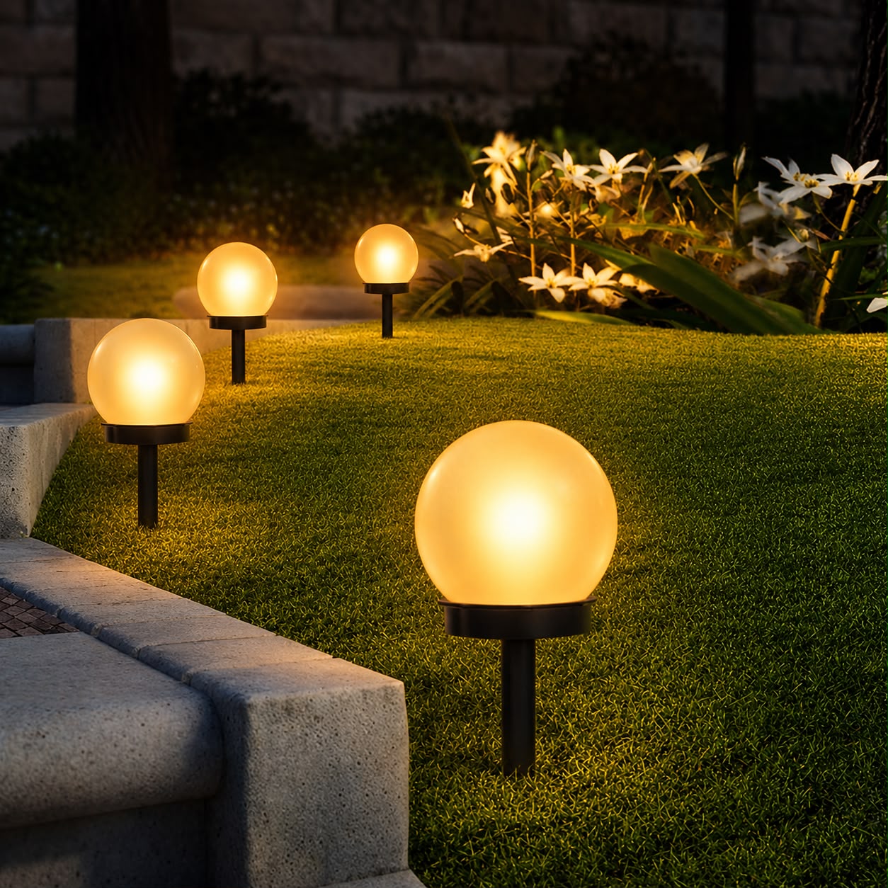 6 piece solar garden lamp set with automatic lighting, available in white light and warm light for gardens, pathways, patios, and driveways.