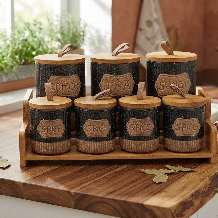 7 Piece Black Rustic Ceramic Canister Set with Wooden Stand