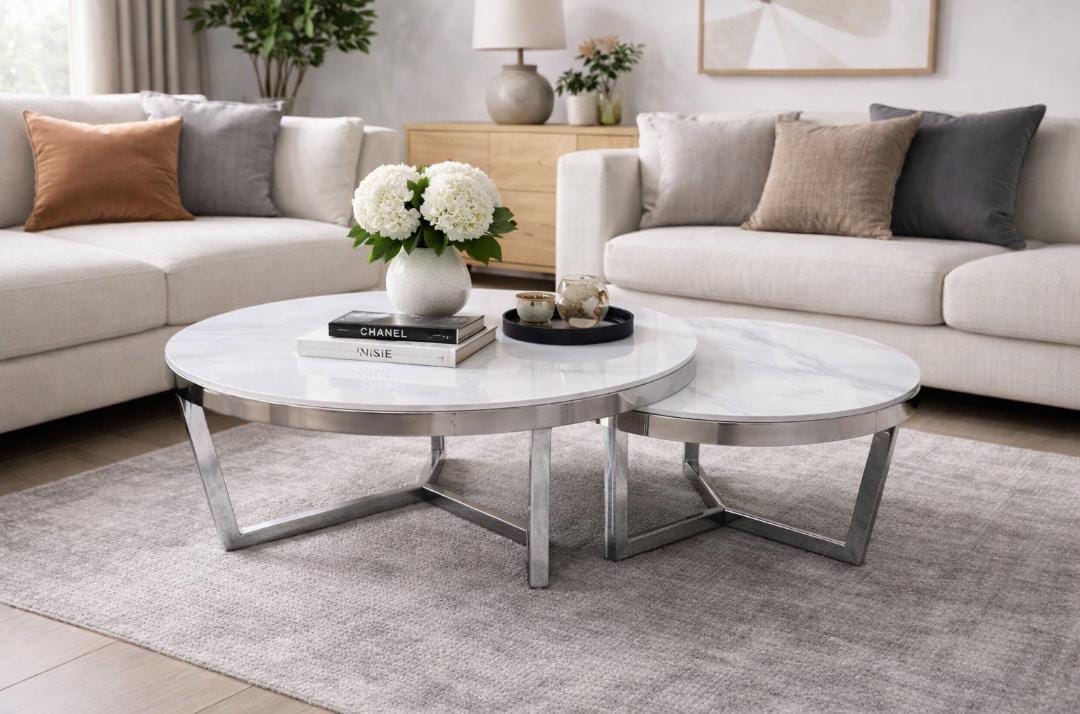 Marble top nesting coffee tables with silver or chrome metal base for living room