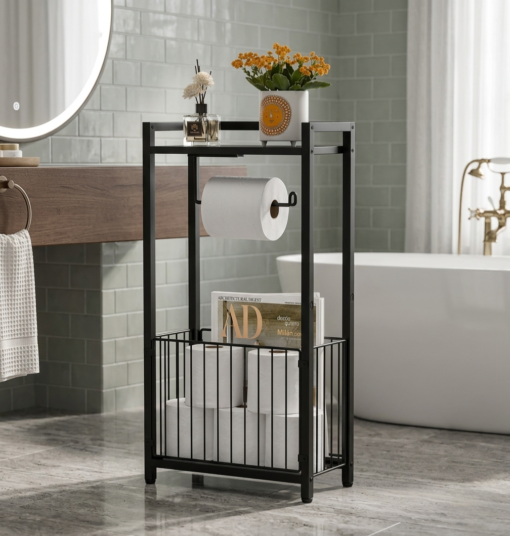 Metallic Toilet Paper Holder With Storage Shelf