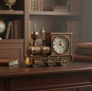 Retro locomotive-style analog alarm clock in vintage design
