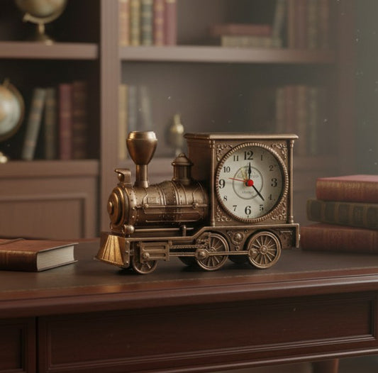 Retro locomotive-style analog alarm clock in vintage design
