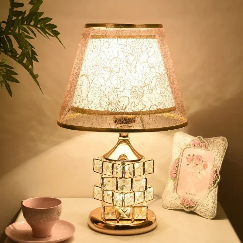 European style double shade crystal table lamp, elegant lighting décor for bedroom or living room.