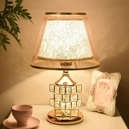 European style double shade crystal table lamp, elegant lighting décor for bedroom or living room.