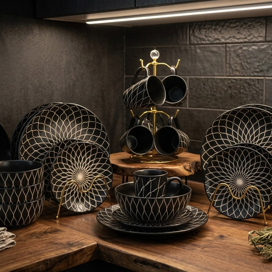 24pc Ceramic Dinner Set Black and White