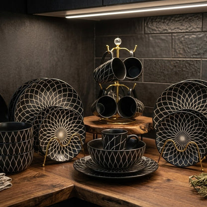 24pc Ceramic Dinner Set Black and White