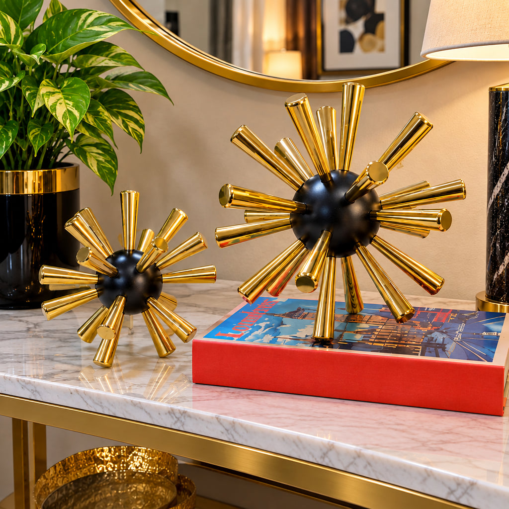 Gold and Black Metal Thorn Ball Tabletop Decorative Sculpture