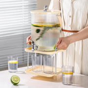 5.0L luxury cold water beverage dispenser with faucet, stand, and glasses for lemonade and fruit tea serving. 