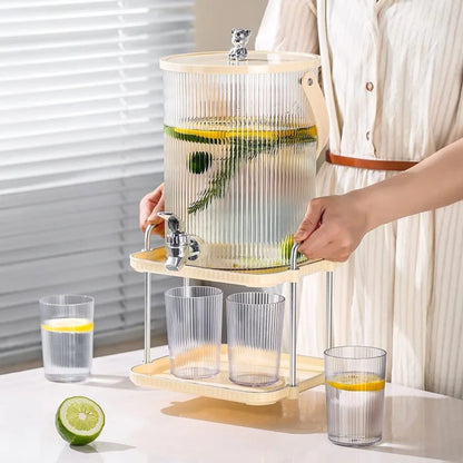 5.0L luxury cold water beverage dispenser with faucet, stand, and glasses for lemonade and fruit tea serving. 