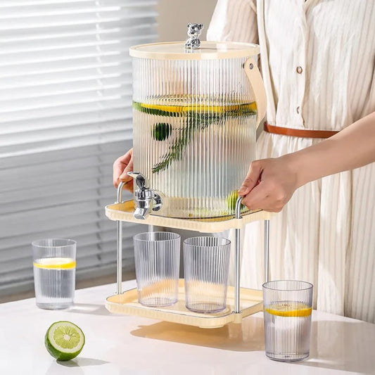 5.0L luxury cold water beverage dispenser with faucet, stand, and glasses for lemonade and fruit tea serving. 