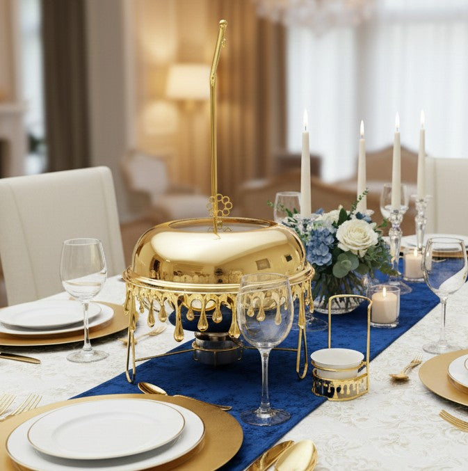 Gold round 8.0 litre hanging chaffing dish with transparent lid and heating stove