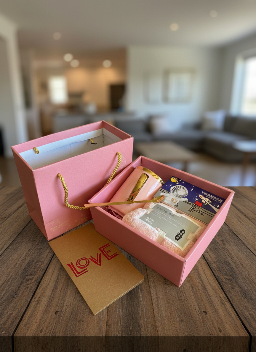 Valentines ladies gift set with portable fan, bath towel, ceramic mug, scooping spoon, and gift card.