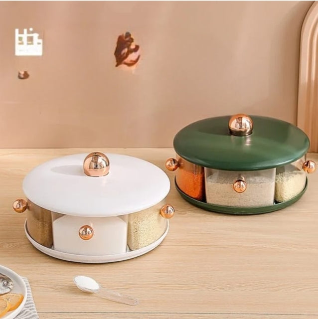 Round rotatable multigrid seasoning box jar in assorted colors.
