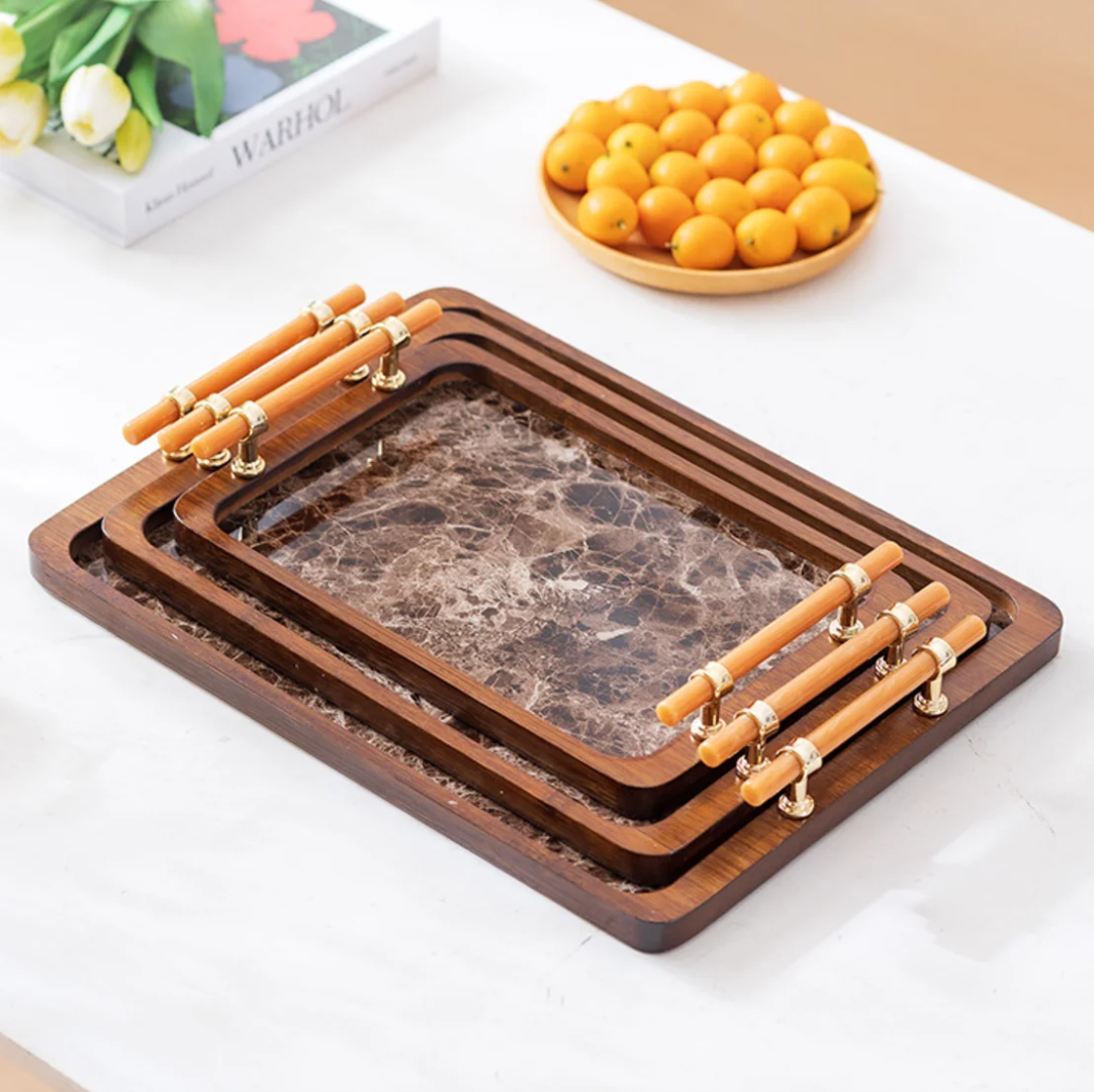 3Pc Bamboo Nesting Serving Tray Set with Grey Handles