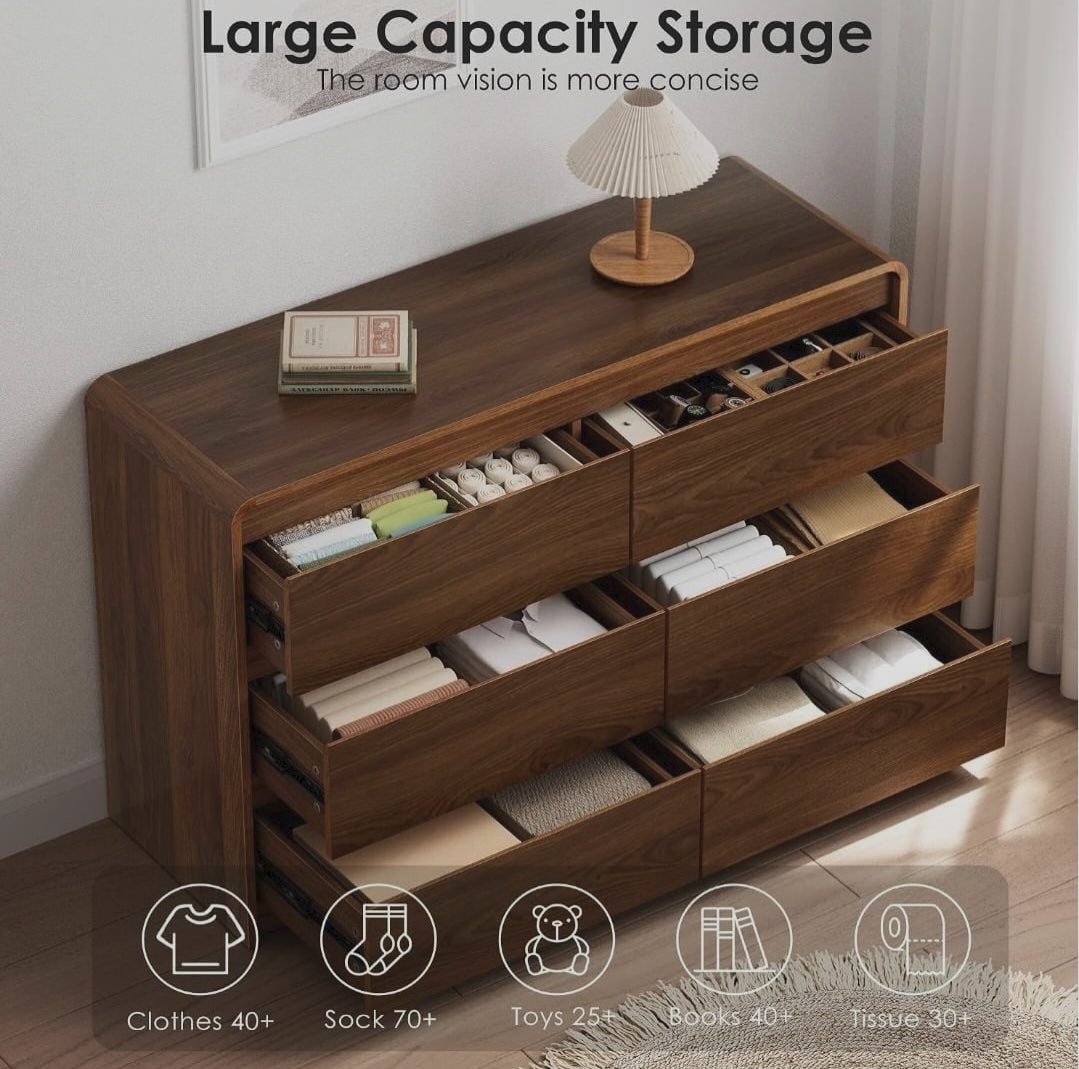 Walnut 6-Drawer Dresser Chest of Drawers with Anti-Tipping Structure 120x40x75cm