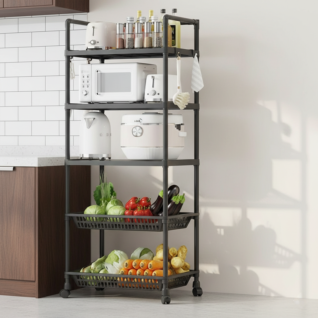 Multi-tier storage rack with rolling wheels and lockable casters