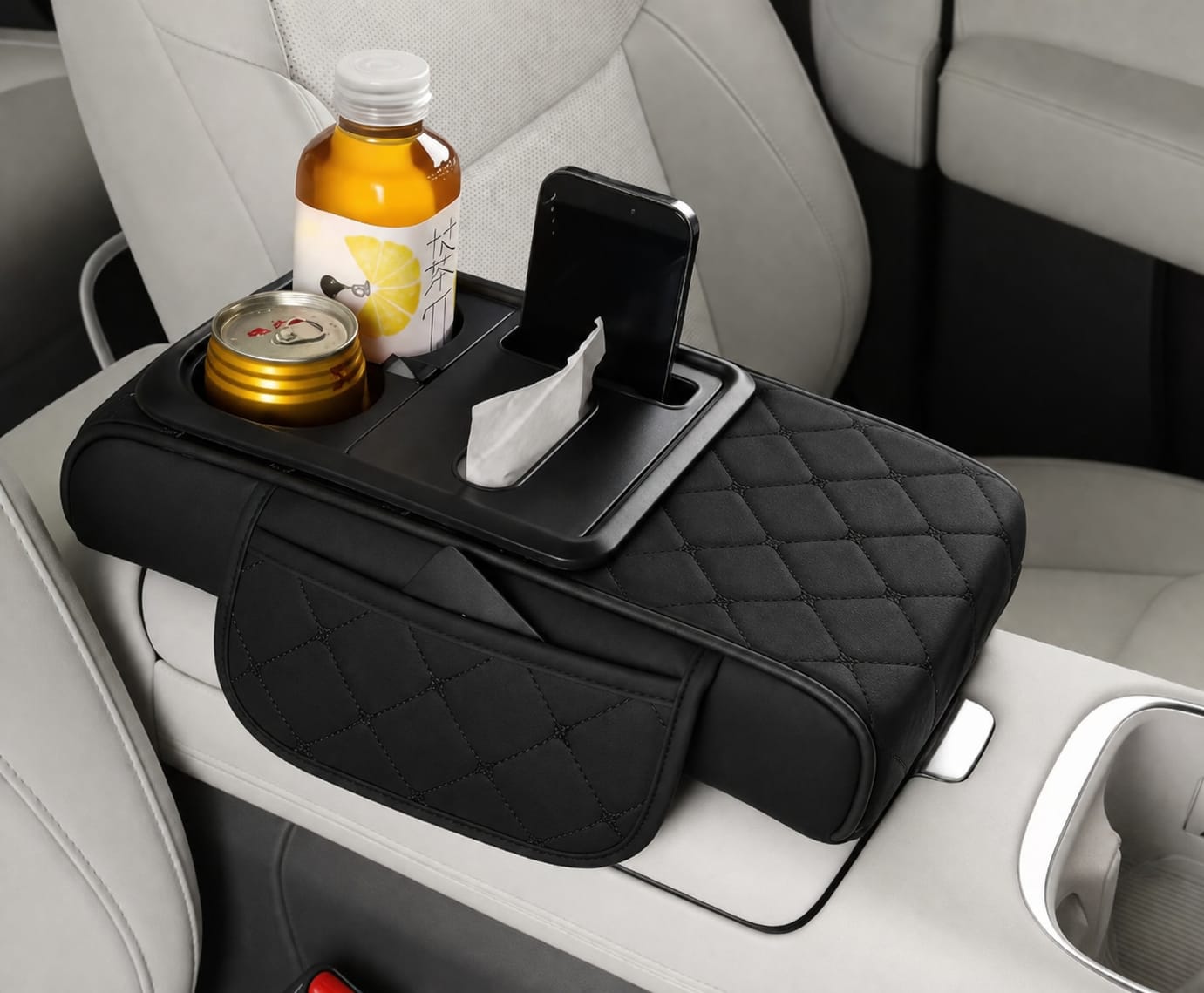 Multi compartment car console armrest storage organiser with dual cup holders phone holder padded armrest and accessory compartments black universal vehicle interior organiser.
