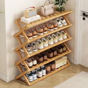 5-tier foldable bamboo shoe rack in brown, portable storage organizer for shoes, books, or plants.