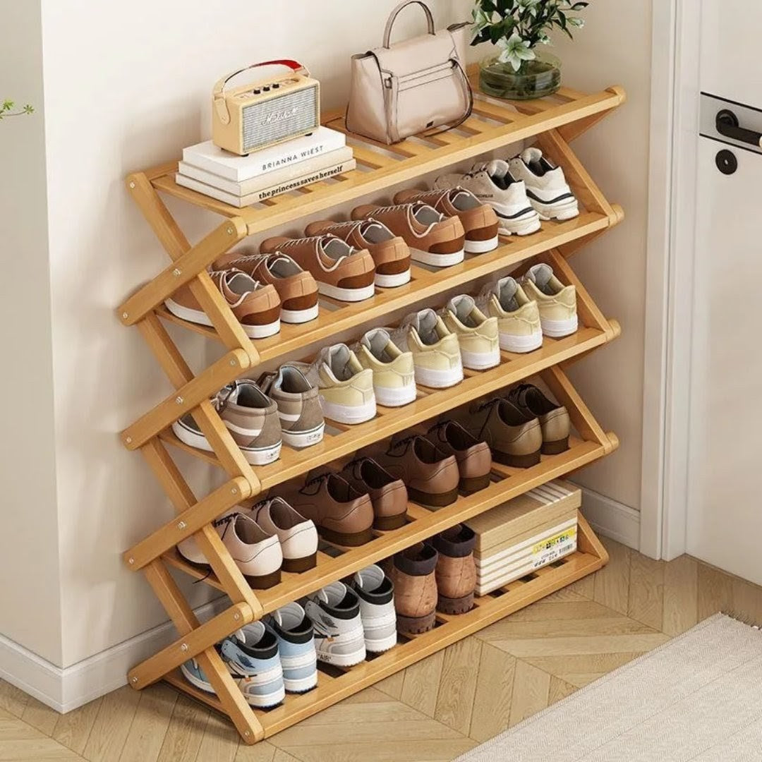 5-tier foldable bamboo shoe rack in brown, portable storage organizer for shoes, books, or plants.