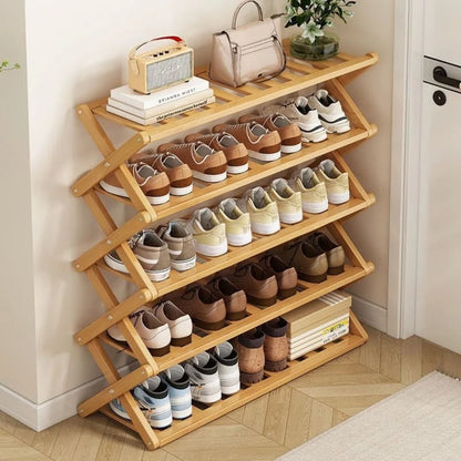 5-tier foldable bamboo shoe rack in brown, portable storage organizer for shoes, books, or plants.