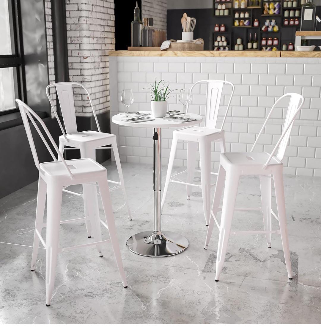 Round adjustable height dining and cocktail table with sleek frame

